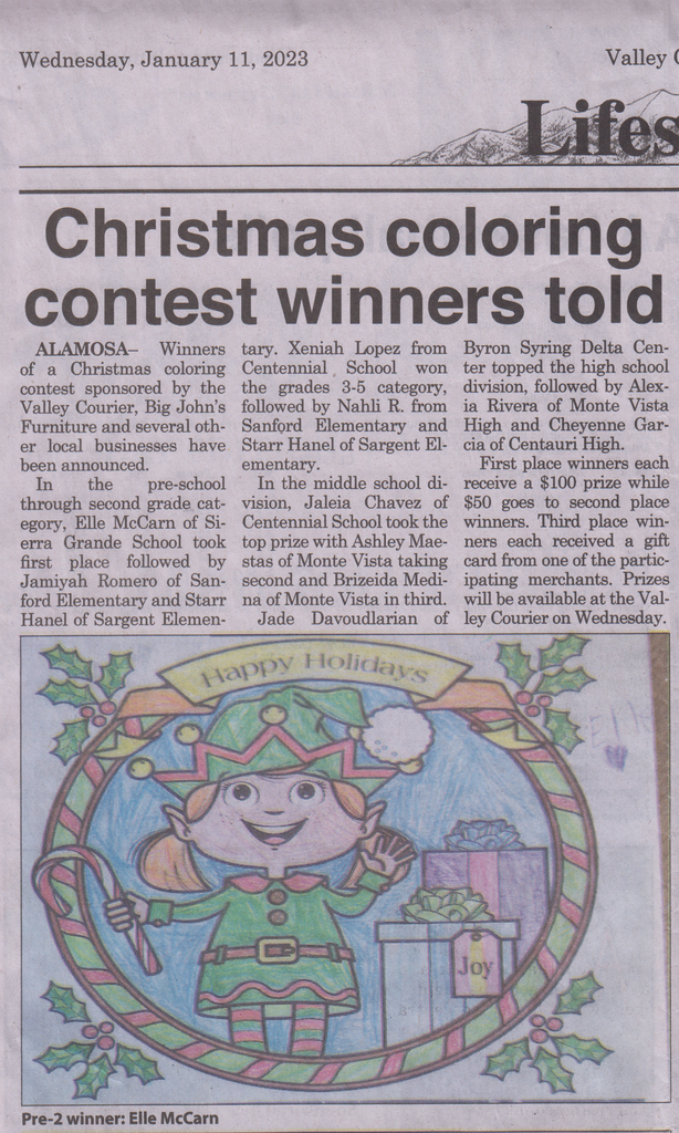 Newspaper clipping of Christmas Coloring Contest Winners